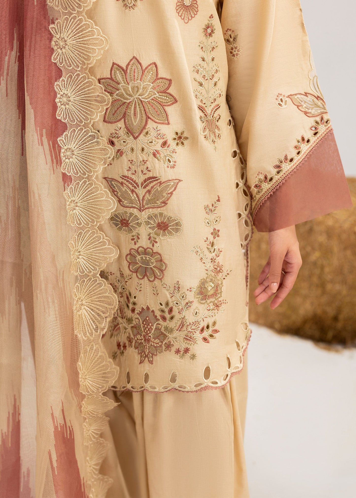 Ladies Cream Lawn Shalwar Kameez with Printed Dupatta Online in UK USA Canada