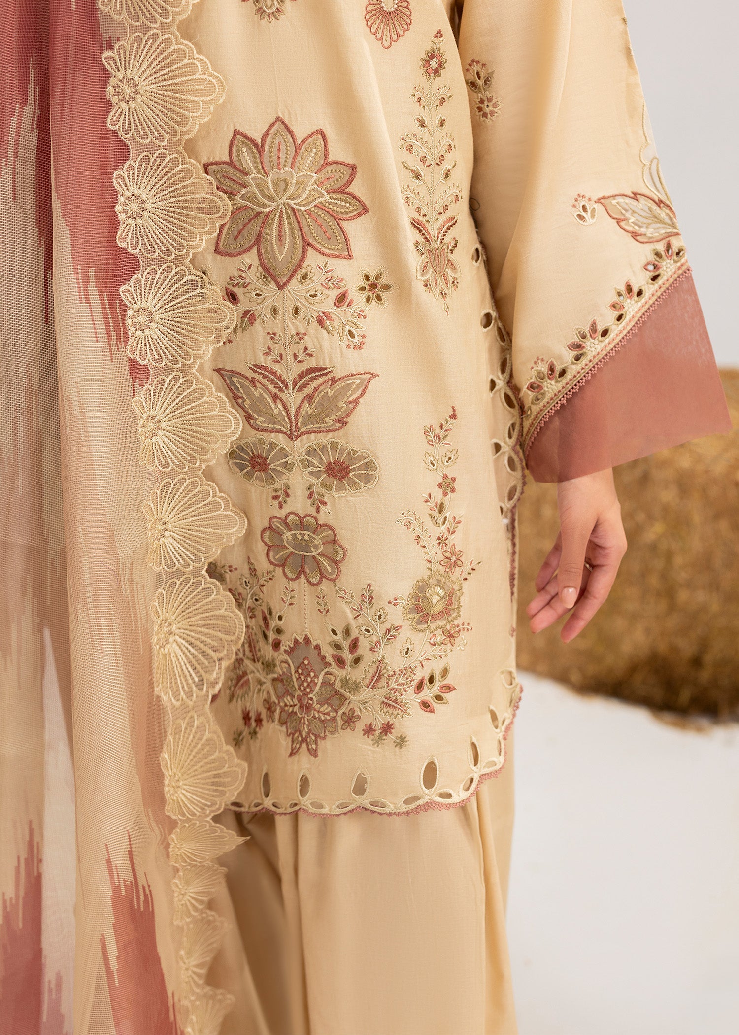 Ladies Cream Lawn Shalwar Kameez with Printed Dupatta Online in UK USA Canada