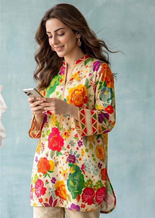 Ladies Cream Slub Lawn Kurta Trouser Set Online in KSA Riyadh Saudi Arabia Oman Bahrain Qatar