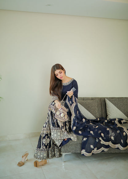Ladies Dark Blue Chiffon Salwar Kameez Gharara Online in UK USA Canada