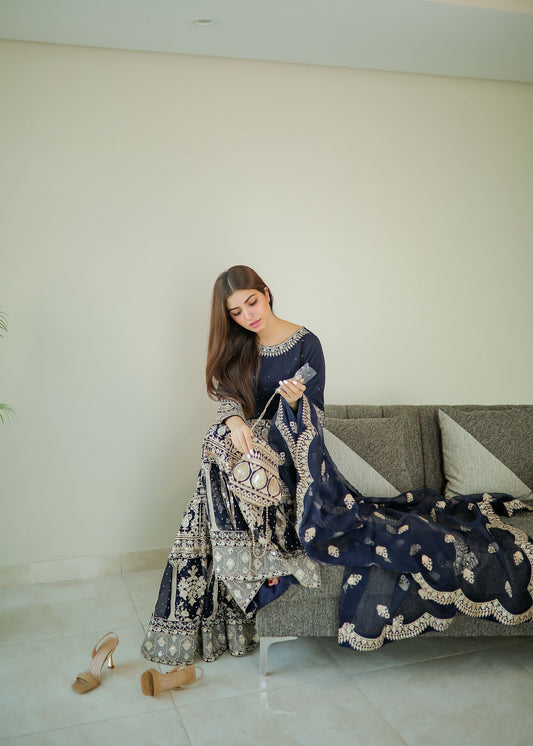 Ladies Dark Blue Chiffon Salwar Kameez Gharara Online in UK USA Canada