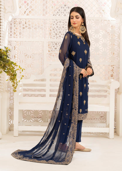 Ladies Dark Blue Chiffon Shalwar Kameez Online in UK USA Canada