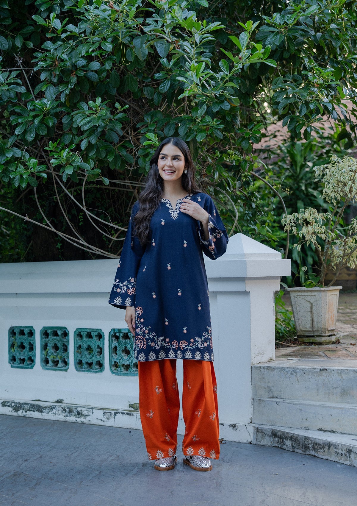 Ladies Dark Blue Khaddar Embroidered Kurta Set Online in UK USA Canada