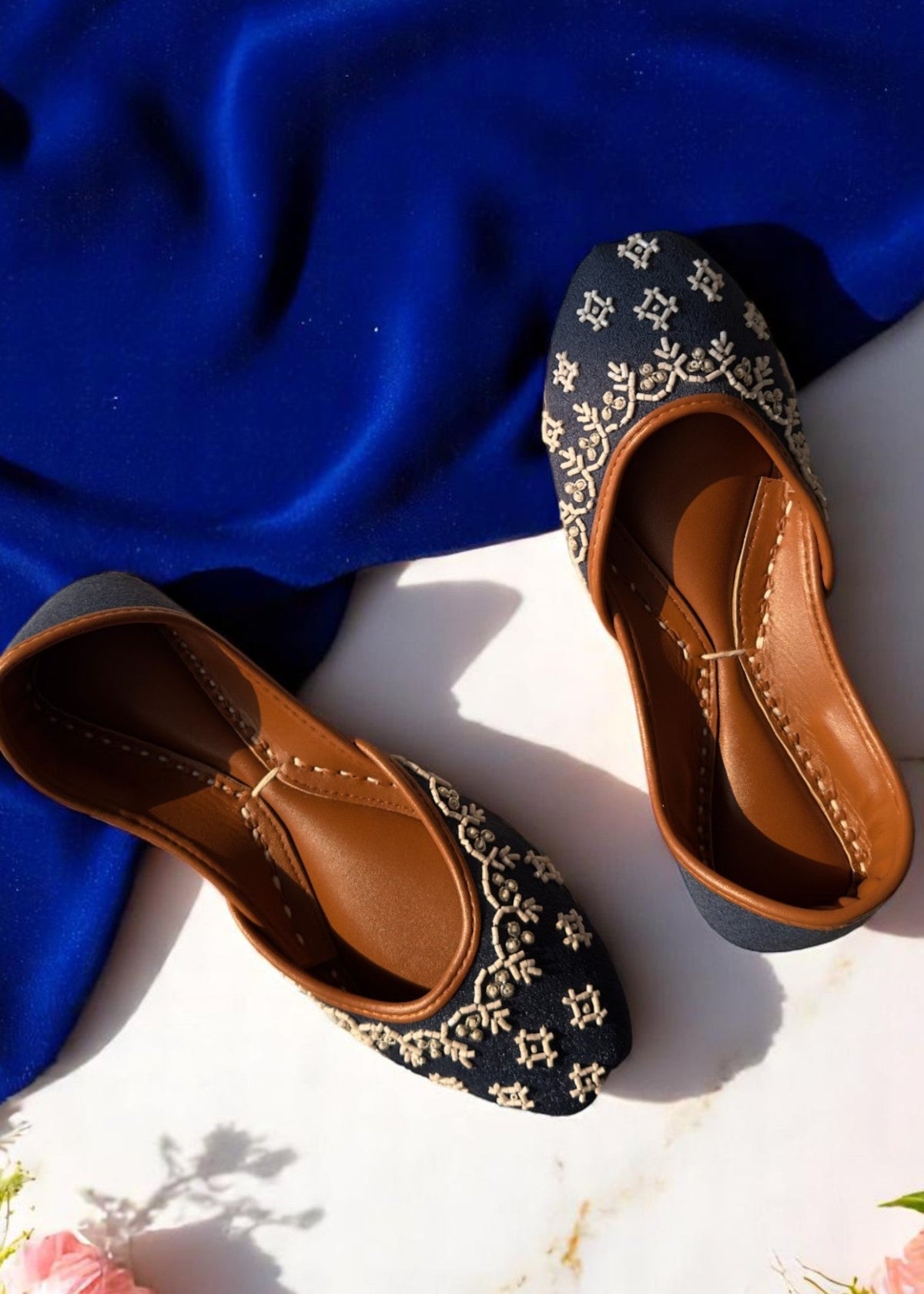 Ladies Dark Blue Leather Mojari with Intricate Embroidery Online in UK USA Canada