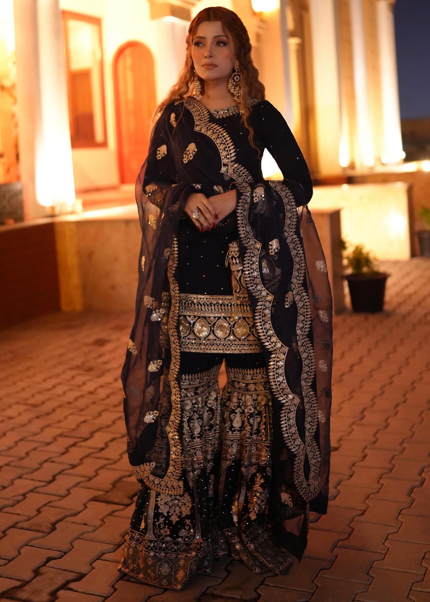 Ladies Dark Blue Organza Wedding Wear Gharara Online in UK USA Canada
