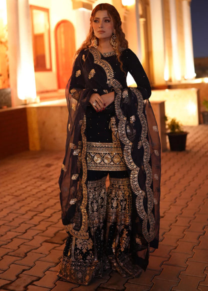 Ladies Dark Blue Organza Wedding Wear Gharara Online in UK USA Canada