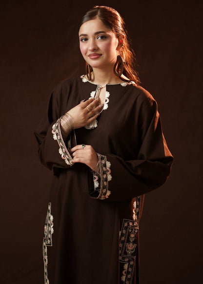 Ladies Dark Brown Embroidered Slub Khaddar 2 Piece Kurta Set Online in UK USA Canada