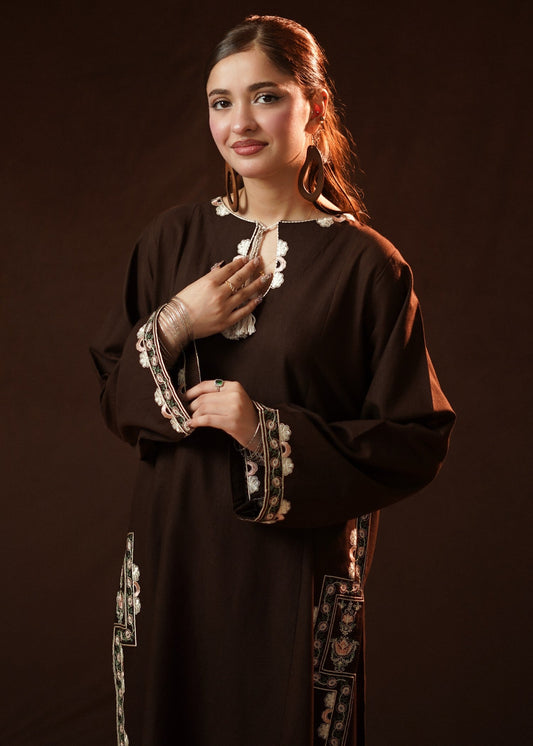 Ladies Dark Brown Embroidered Slub Khaddar 2 Piece Kurta Set Online in UK USA Canada