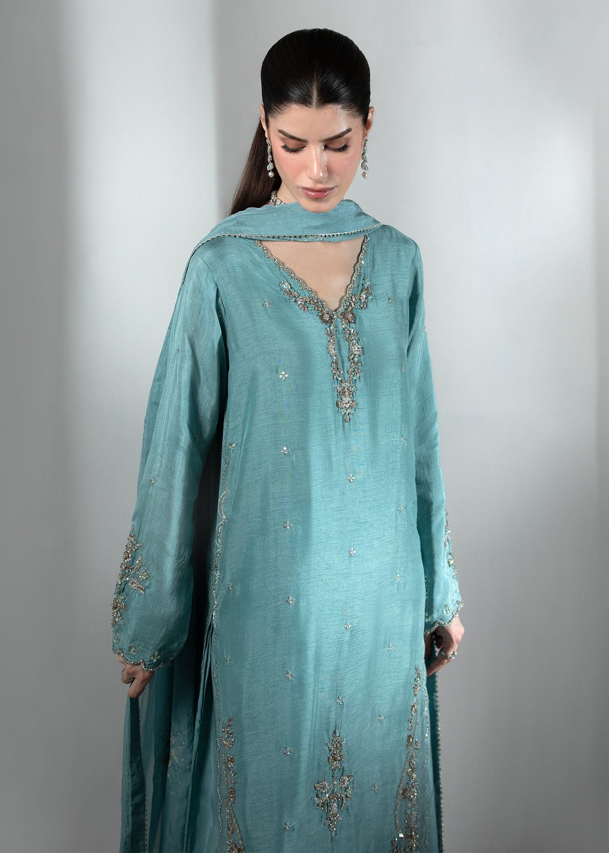 Ladies Dark Cyan Raw Silk Designer Salwar Suit Online in UK USA Canada