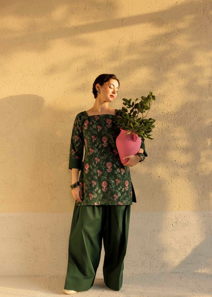 Ladies Dark Green Cambric Cotton Kurta and Farshi Shalwar Set Online in UK USA Canada