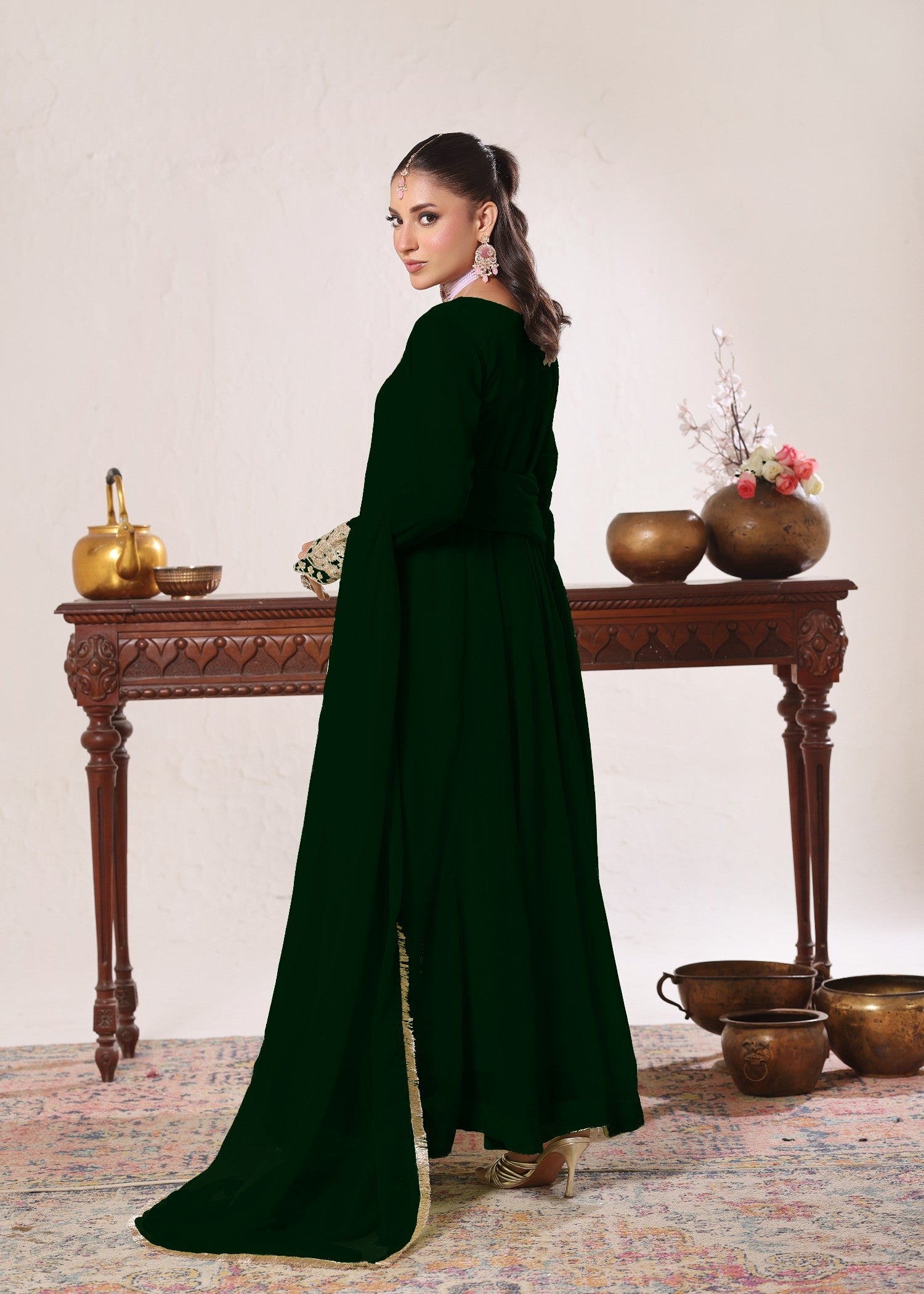 Ladies Dark Green Chiffon Embroidered Festive Wear Online in UK USA Canada