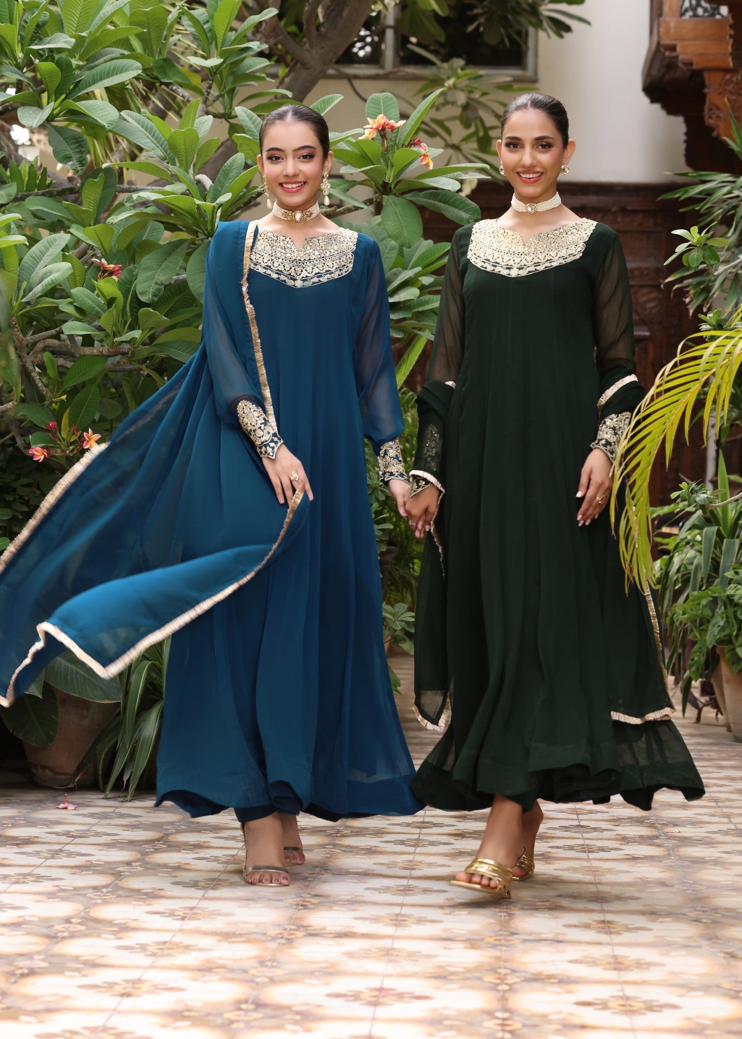 Ladies Dark Green Embroidered Chiffon Festive Suit Online in UK USA Canada