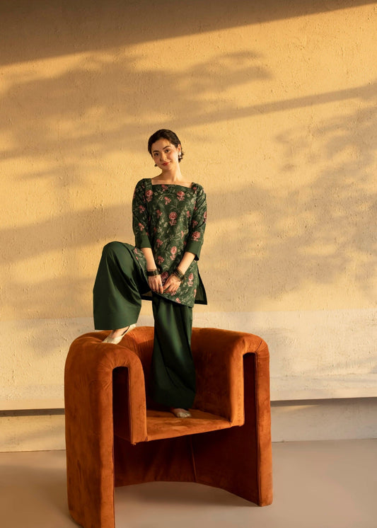 Ladies Dark Green Embroidered Cotton Farshi Shalwar Kurta Set Online in UK USA Canada