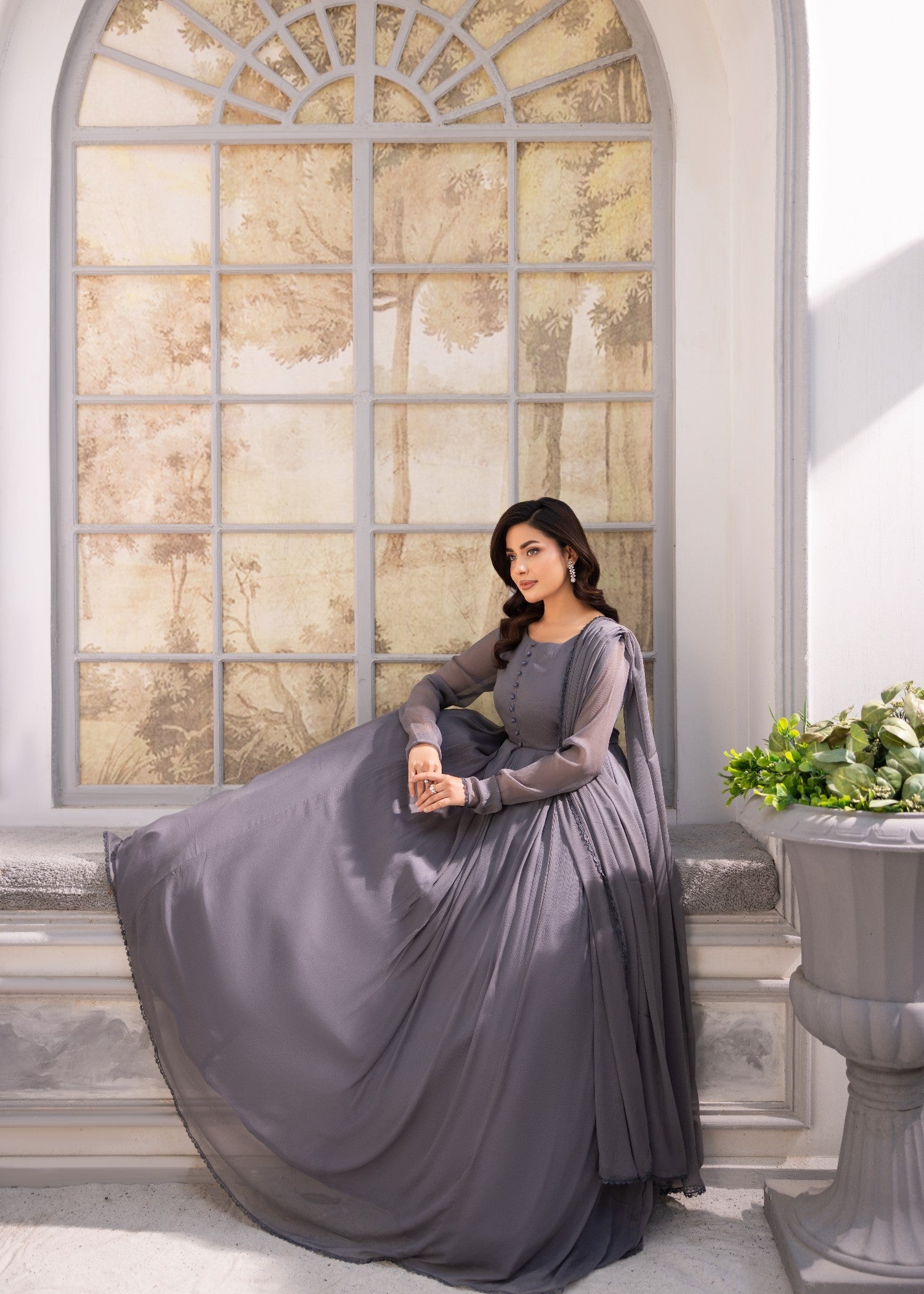 Ladies Dark Grey Chiffon Kurta Set Online in UK USA Canada