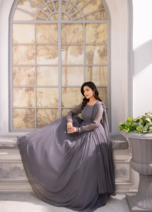 Ladies Dark Grey Chiffon Kurta Set Online in UK USA Canada