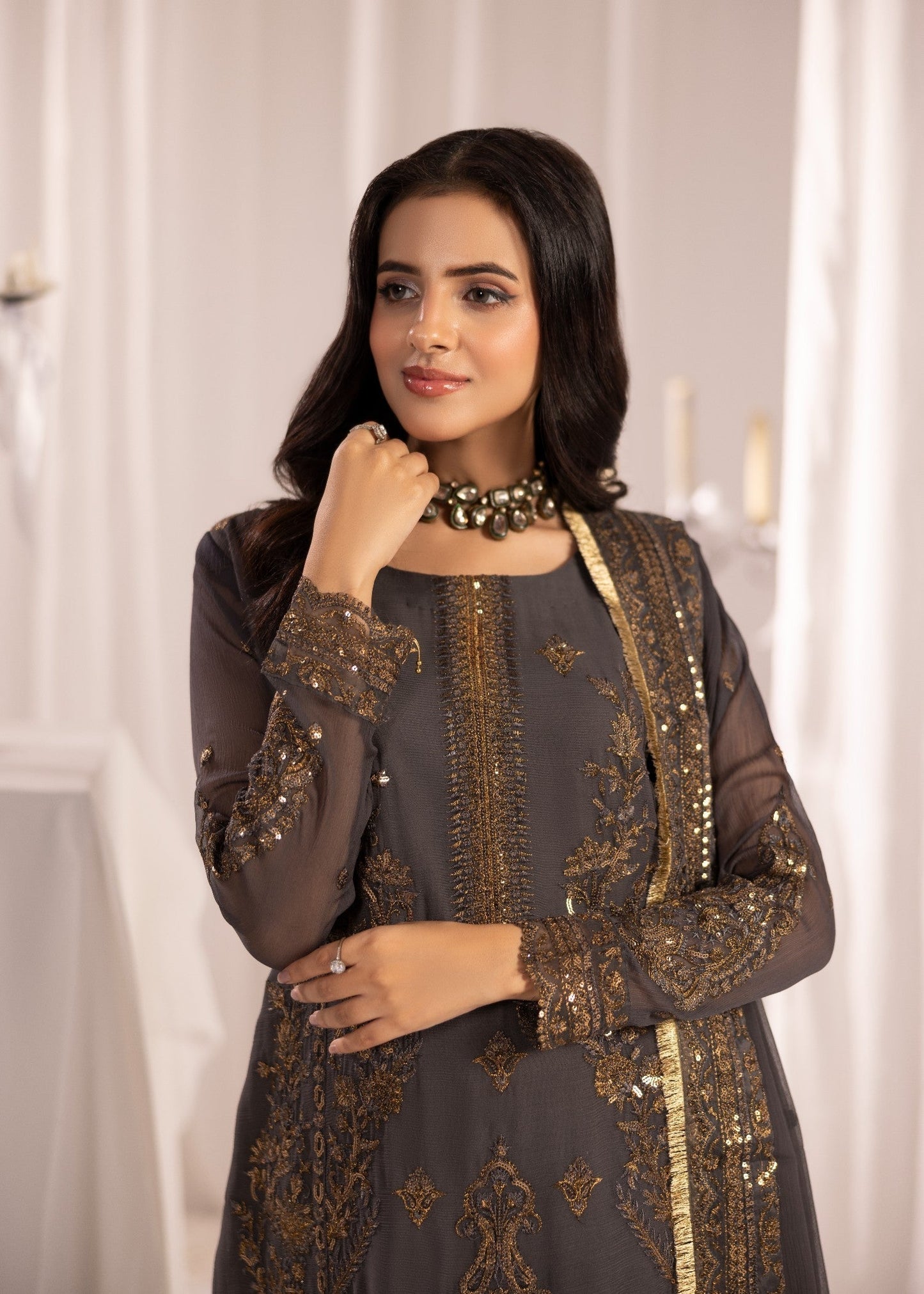 Ladies Dark Grey Embroidered Chiffon Suit Online in Sri Lanka India Australia