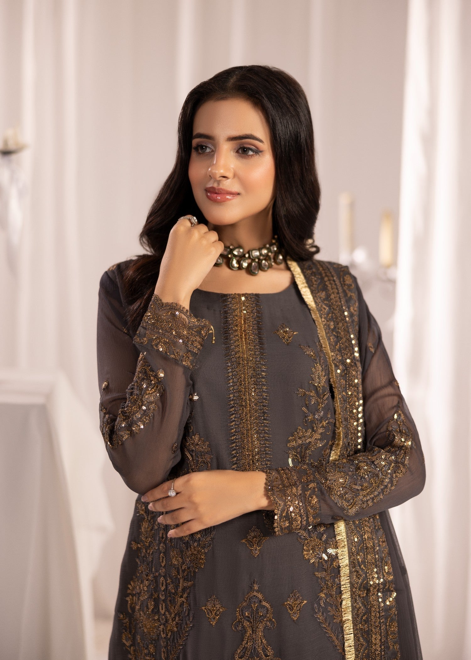 Ladies Dark Grey Embroidered Chiffon Suit Online in Sri Lanka India Australia
