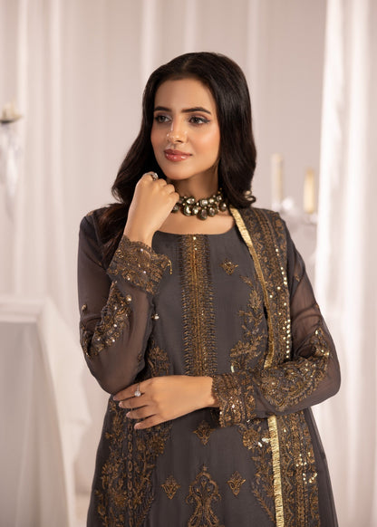 Ladies Dark Grey Embroidered Chiffon Suit Online in Sri Lanka India Australia