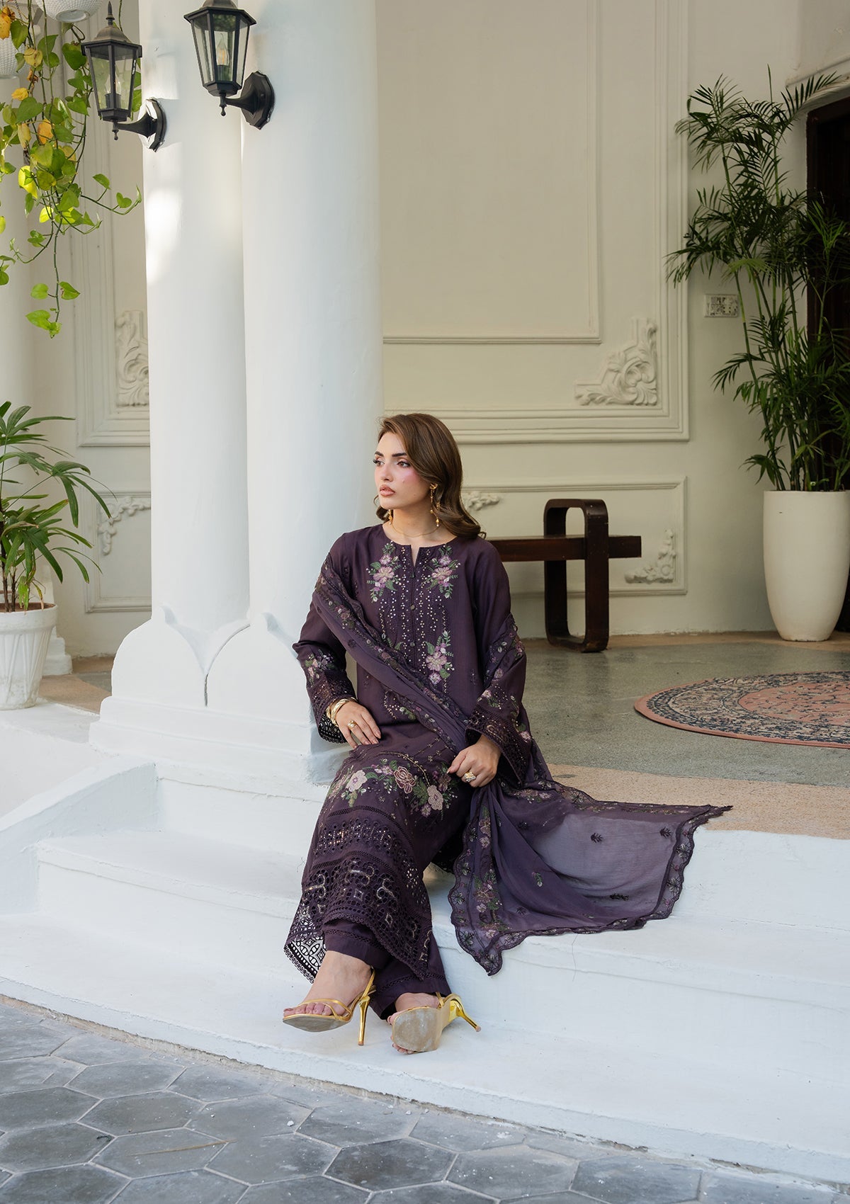 Ladies Deep Purple Embroidered Cotton Suit Online in UK USA Canada