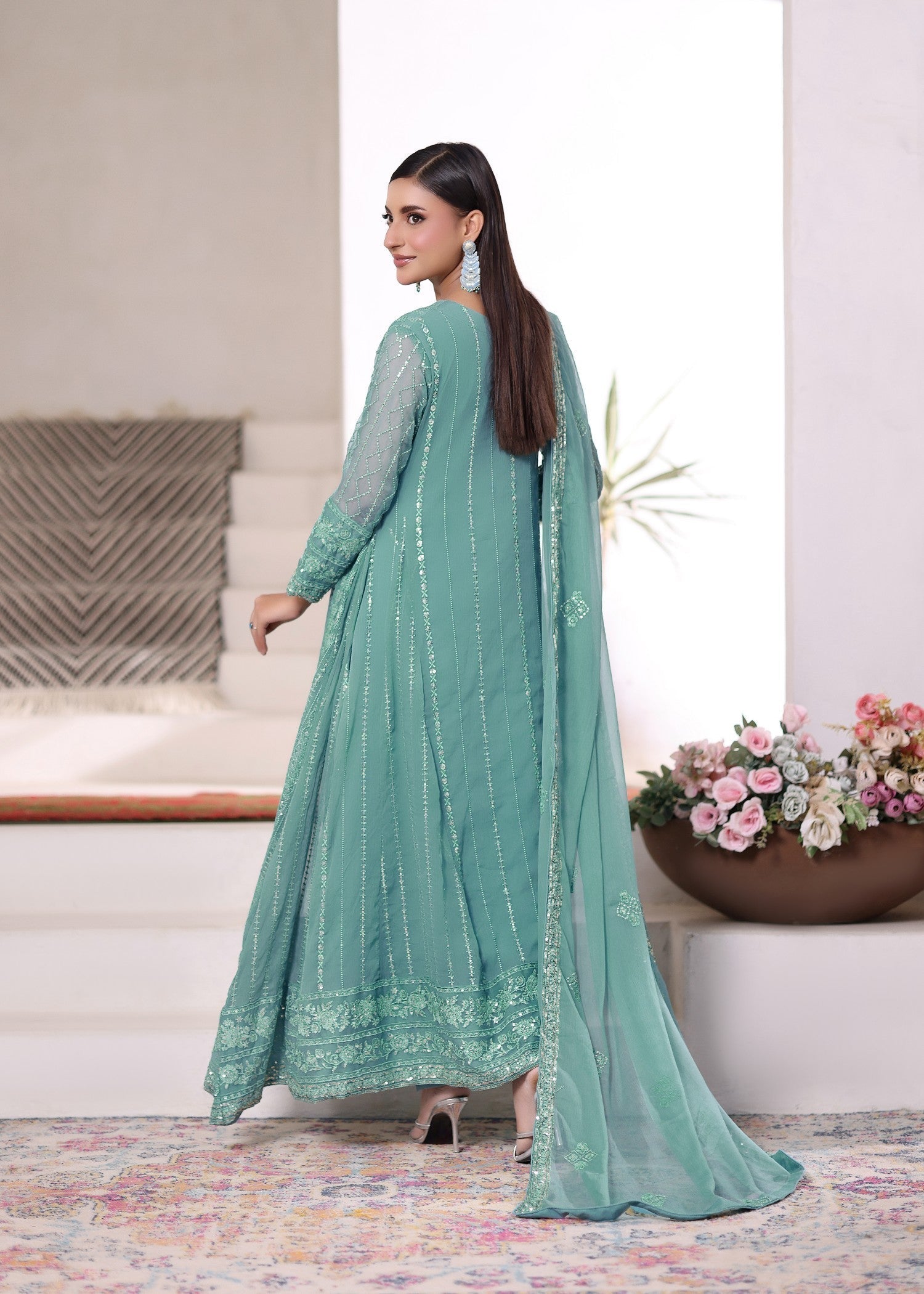 Ladies Embellished Aquamarine Chiffon Pishwas Dress Online in UK USA Canada