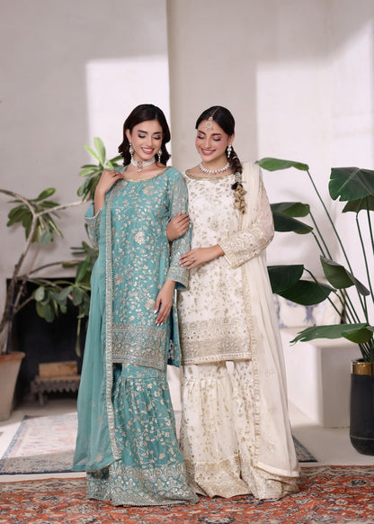 Ladies Embellished Aquamarine Chiffon Salwar Kameez Online in UK USA Canada