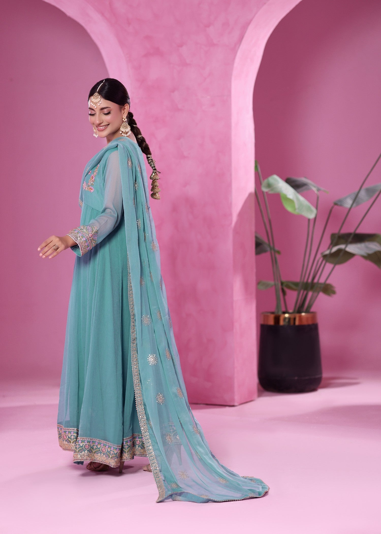 Ladies Embellished Aquamarine Chiffon Suit Online in UK USA Canada