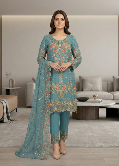 Ladies Embellished Aquamarine Shalwar Kameez Online in UK USA Canada