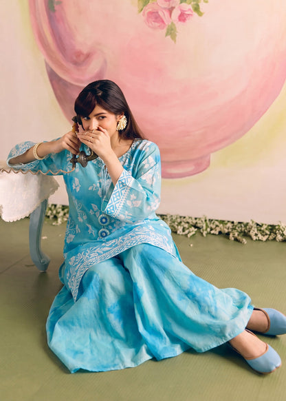 Ladies Embellished Baby Blue Sharara Lawn Kurti Online in UK USA Canada