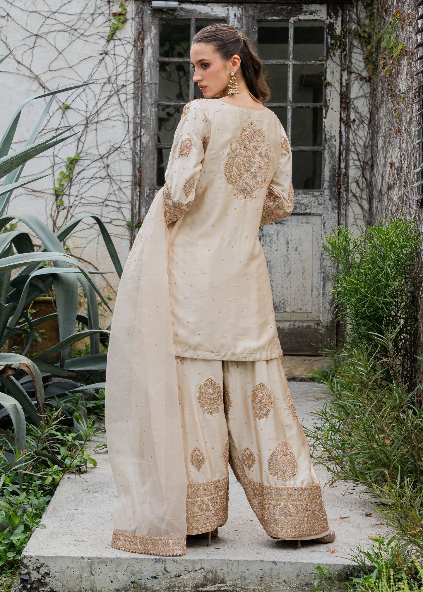 Ladies Embellished Beige Charmuse Wedding Outfit Online in UK USA Canada
