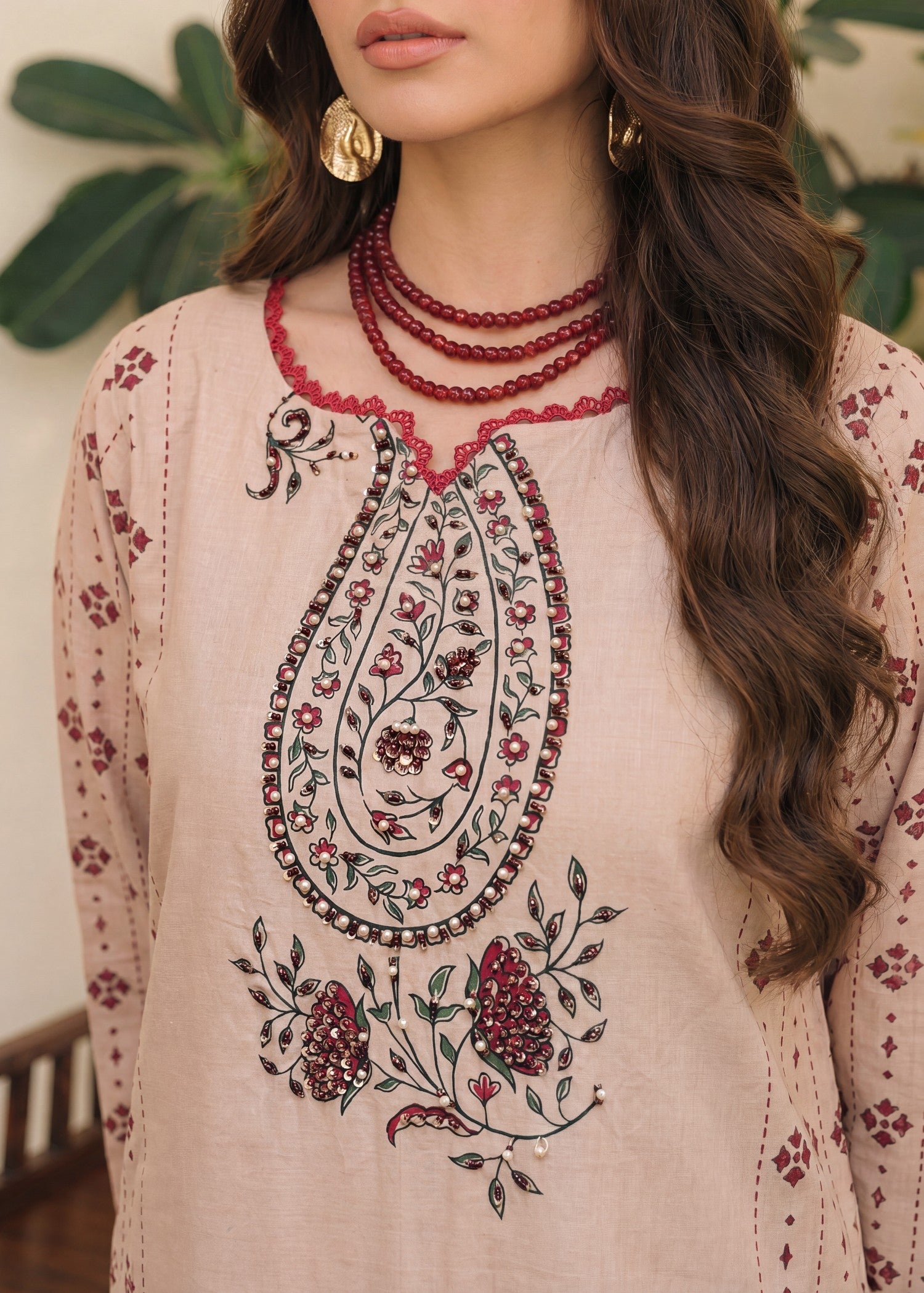 Ladies Embellished Beige Kurta Pajama Online in UK USA Canada