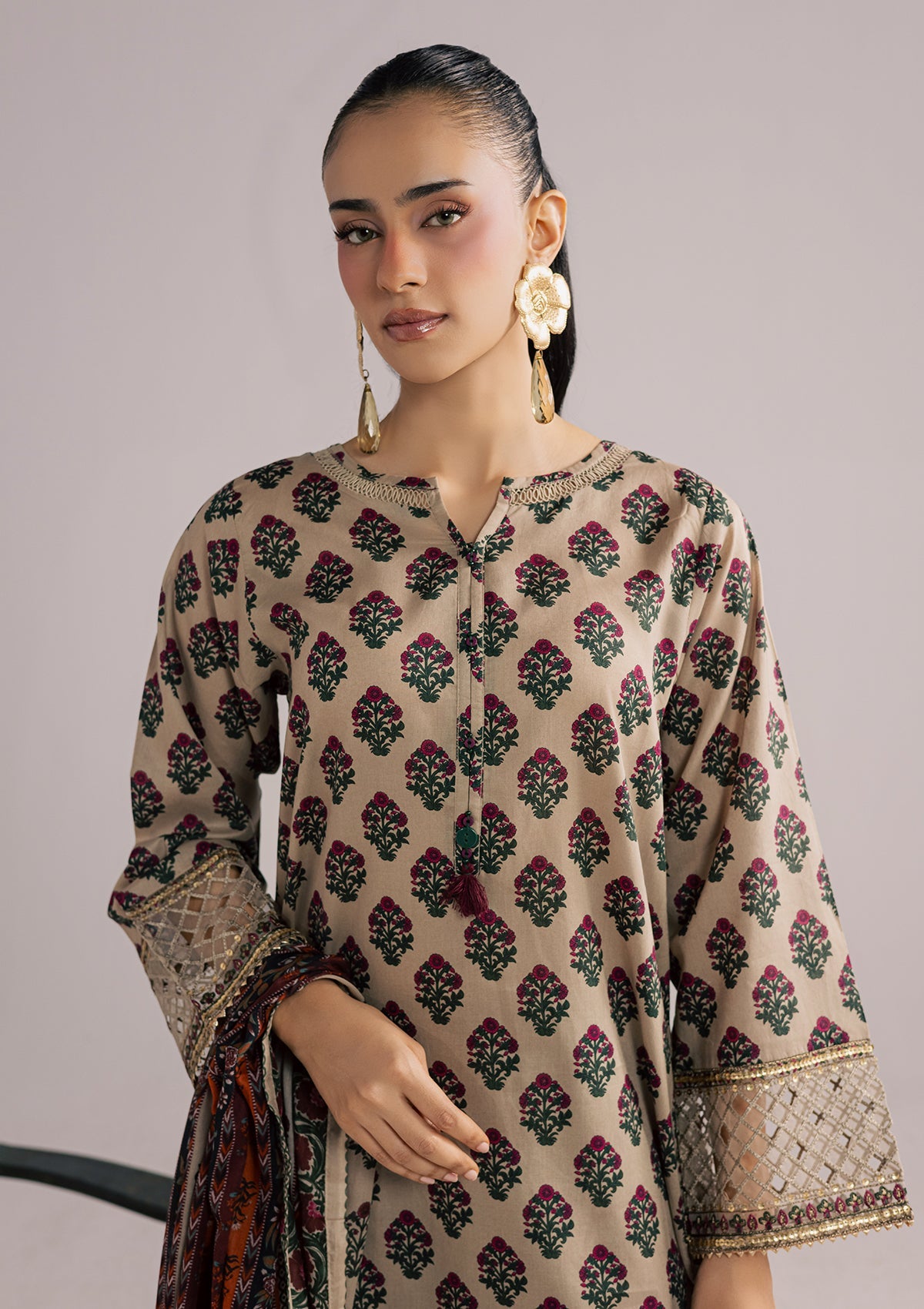 Ladies Embellished Beige Lawn Suit Online in UK USA Canada