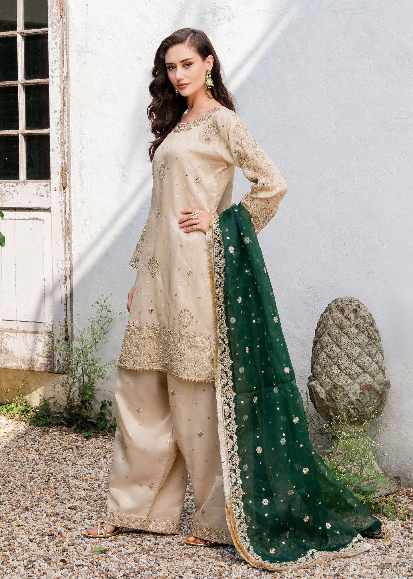 Ladies Embellished Beige Short Kurta Suit Online in UK USA Canada