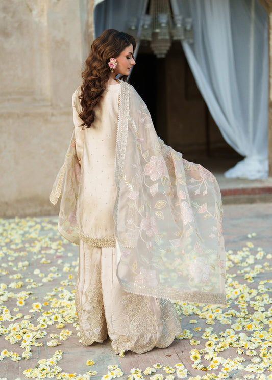 Ladies Embellished Beige Silk Charmeuse Shalwar Kameez Online in UK USA Canada