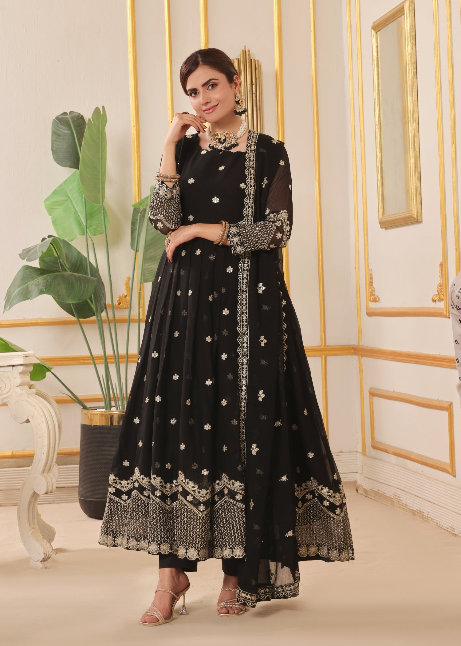 Ladies Embellished Black Chiffon Shalwar Kameez Online in UK USA Canada