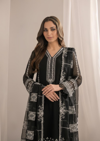 Ladies Embellished Black Crinkle Chiffon Kurta Set Online in UK USA Canada