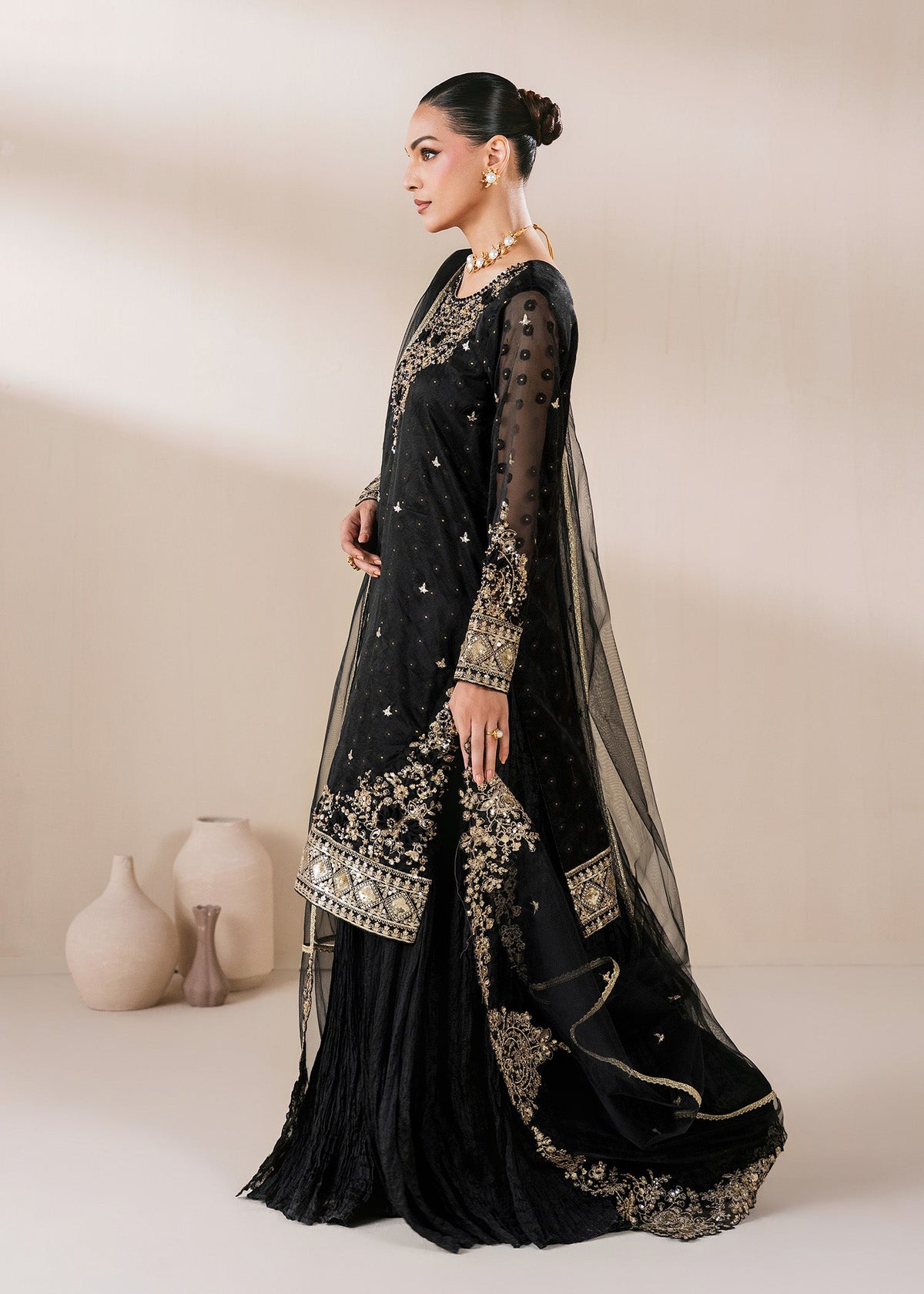 Ladies Embellished Black Organza Sharara Online in UK USA Canada