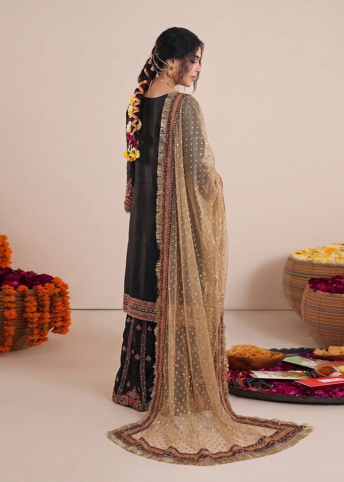 Ladies Embellished Black Sharara with Organza Dupatta Online in UK USA Canada