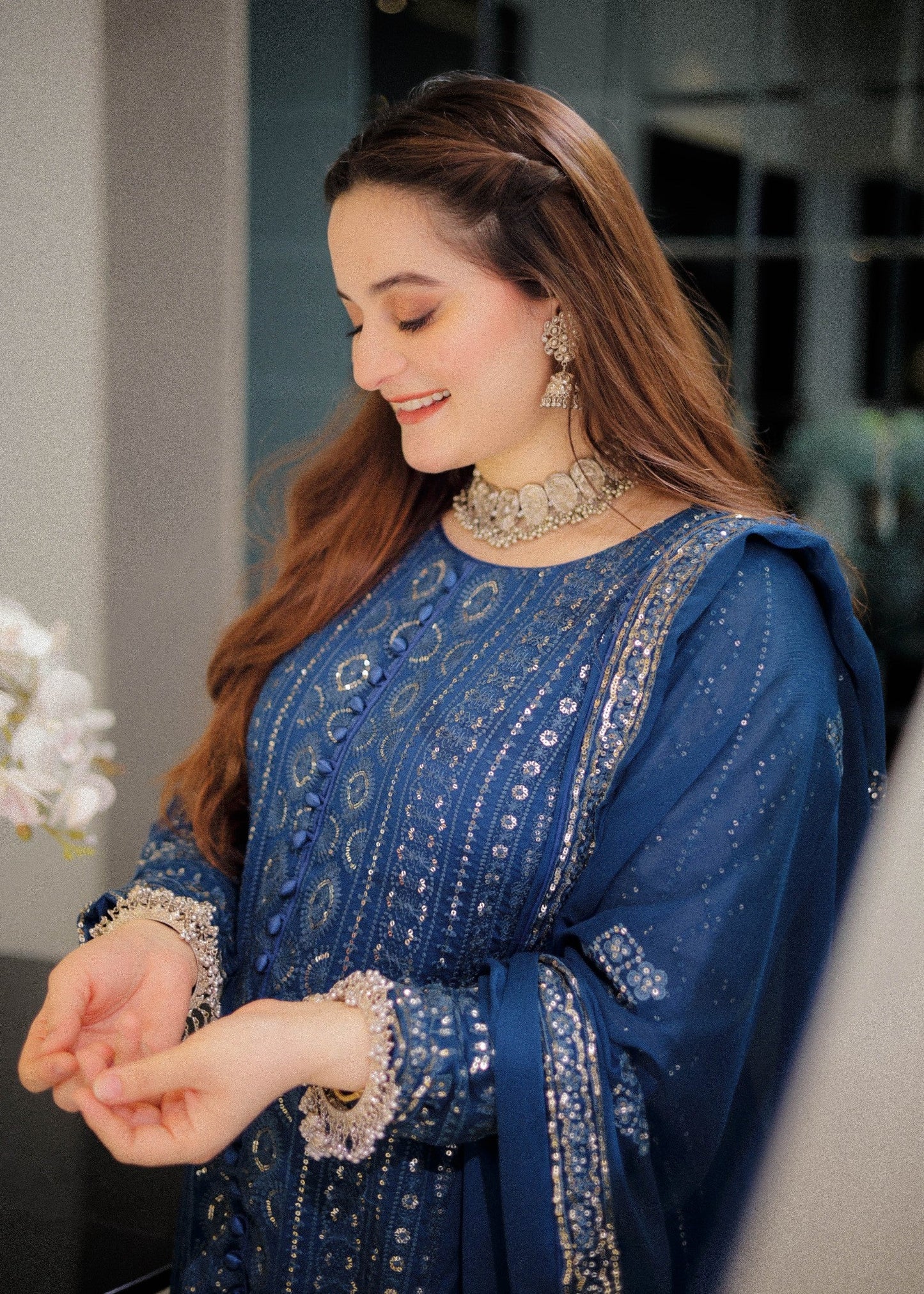Ladies Embellished Blue Chiffon Party Wear Suit Online in UK USA Canada