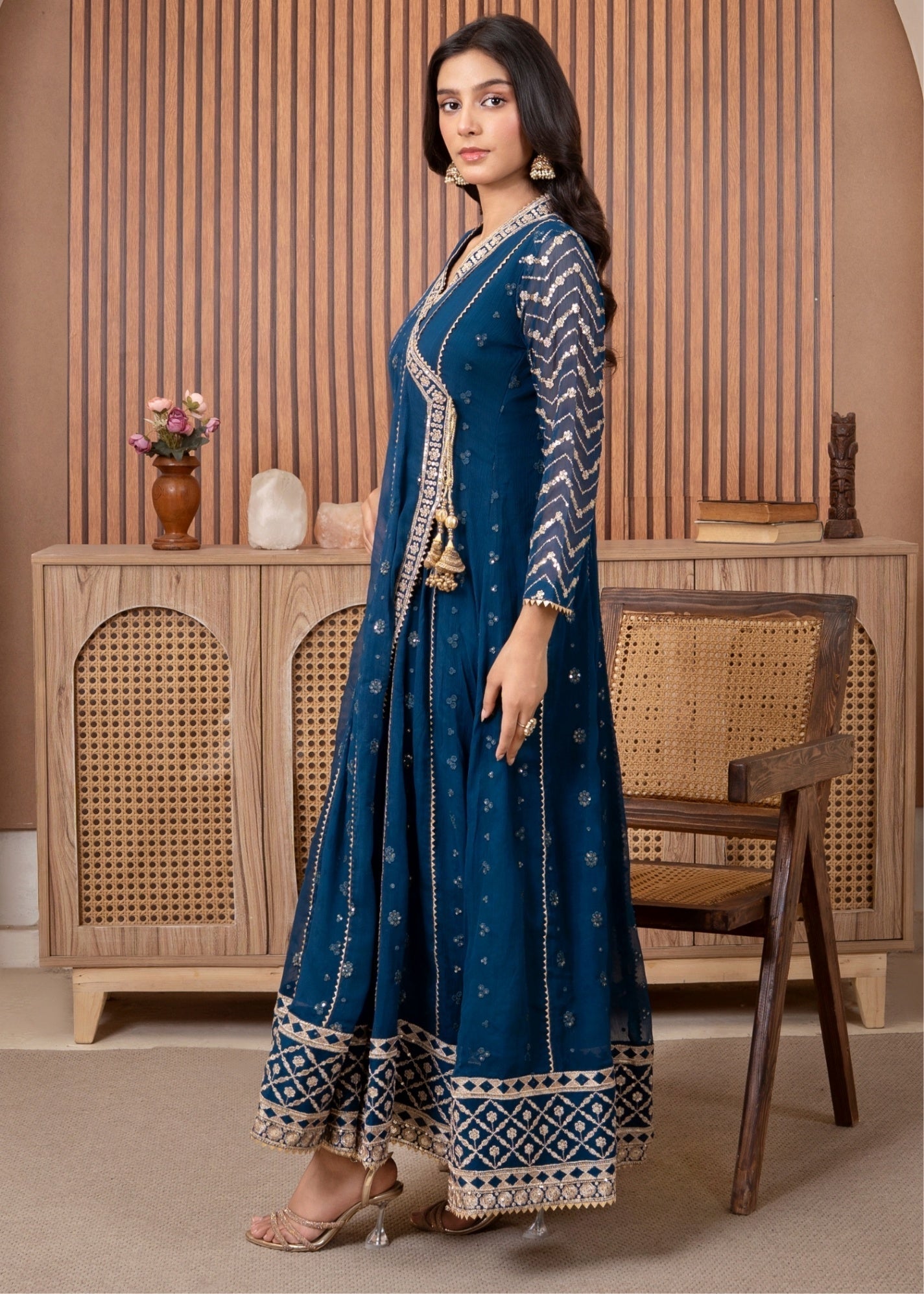 Ladies Embellished Blue Chiffon Shalwar Kameez Online in UK USA Canada