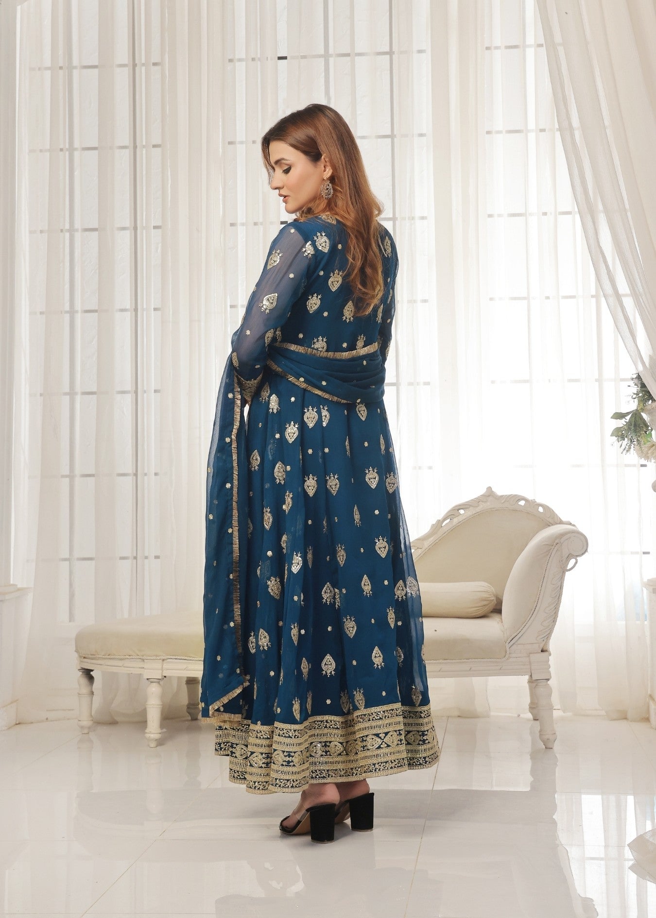 Ladies Embellished Blue Chiffon Shalwar Kameez Online in UK USA Canada