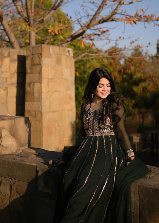 Ladies Embellished Bottle Green Chiffon Salwar Kameez Online in UK USA Canada