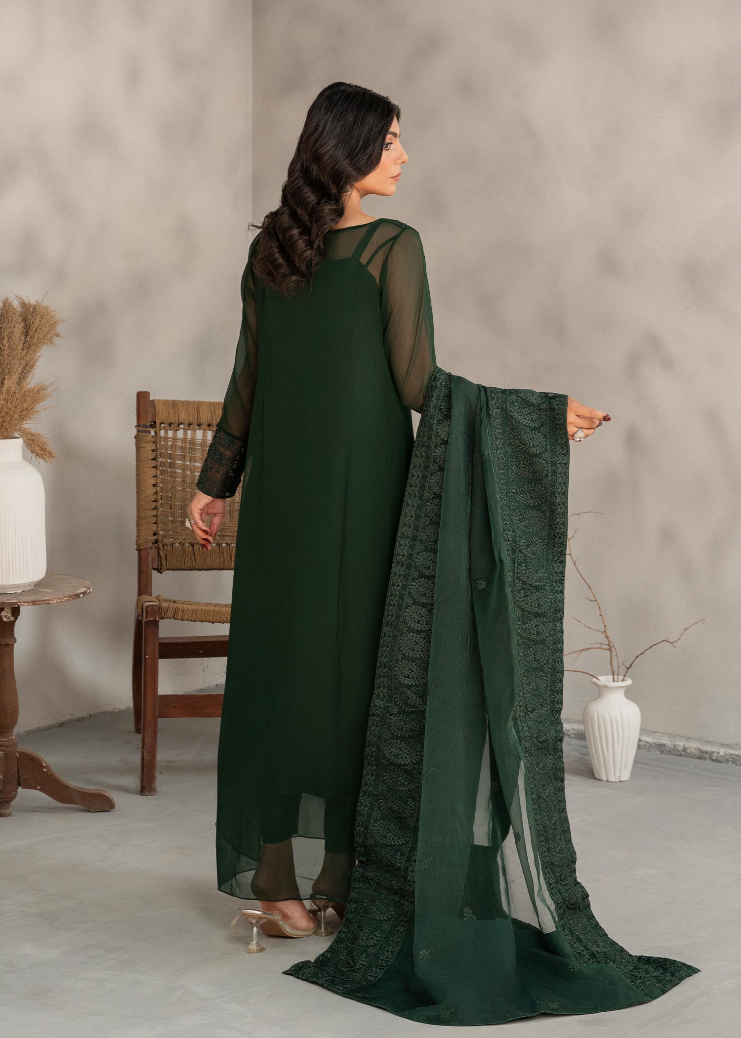 Ladies Embellished Bottle Green Chiffon Shalwar Kameez Online in UK USA Canada