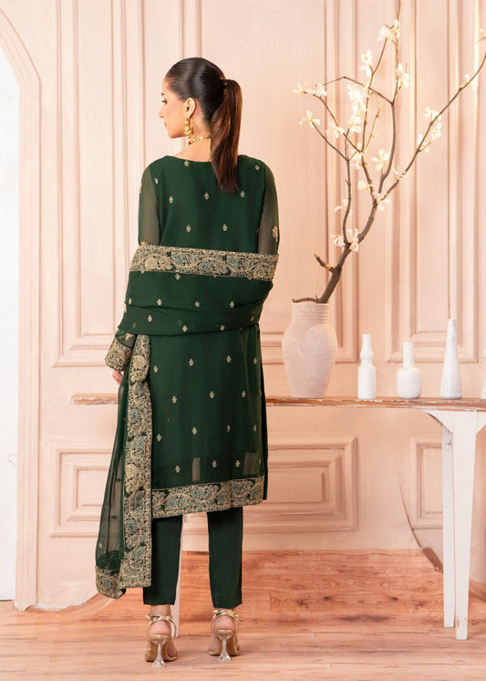 Ladies Embellished Bottle Green Chiffon Suit Online in UK USA Canada