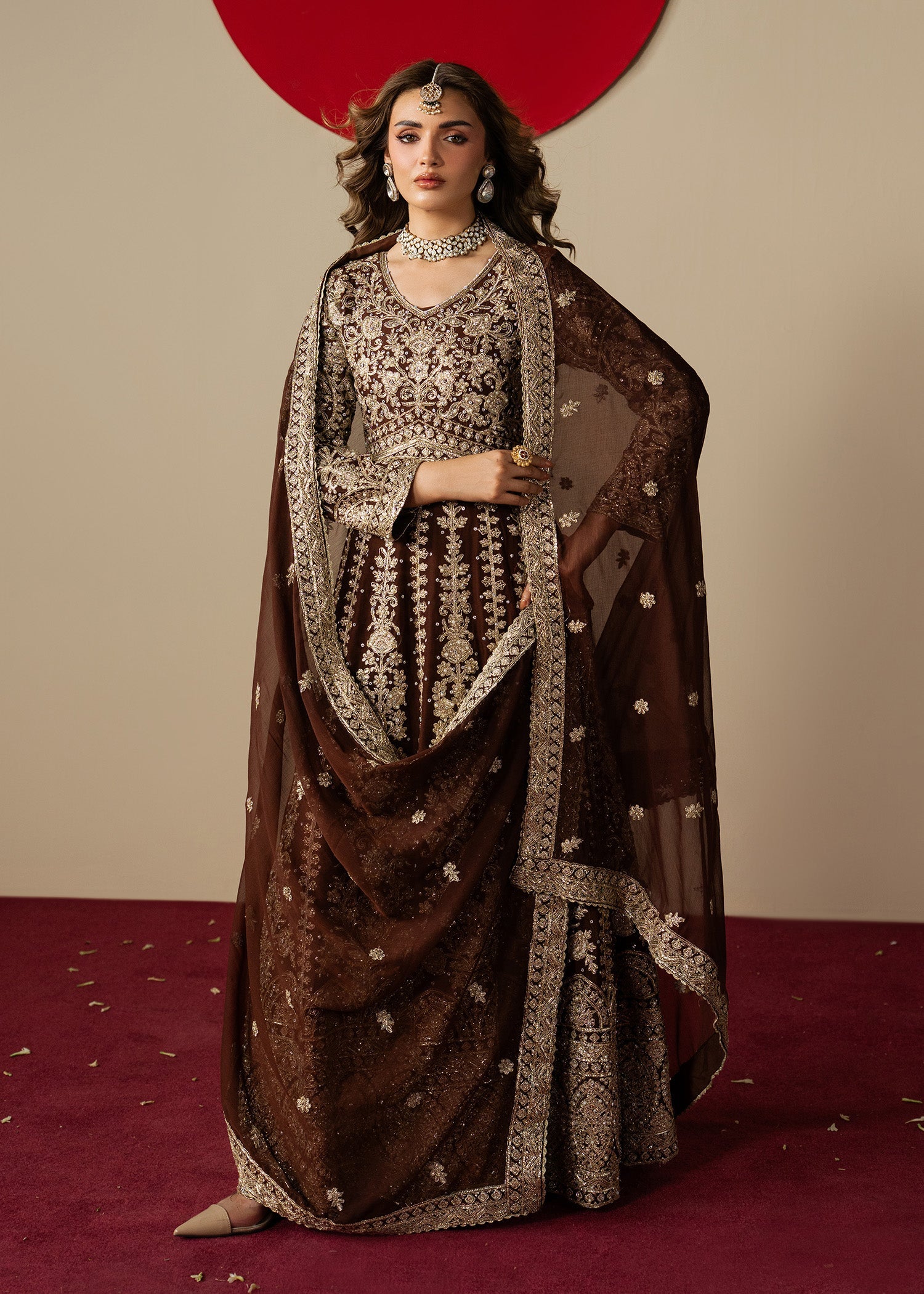 Ladies Embellished Brown Chiffon Salwar Kameez Online in UK USA Canada