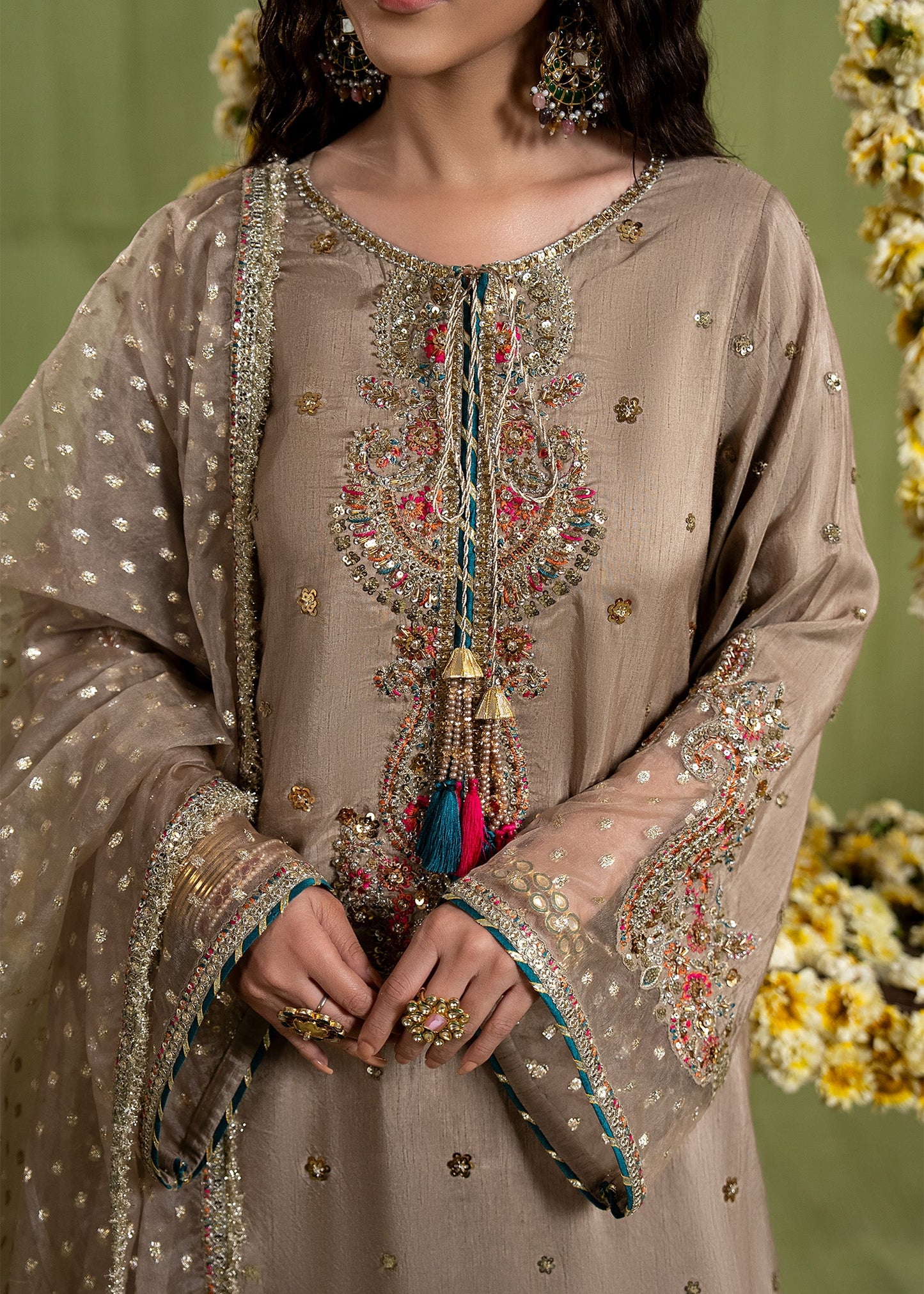 Ladies Embellished Brown Silk Kurta Set with Organza Dupatta Online in UK USA Canada