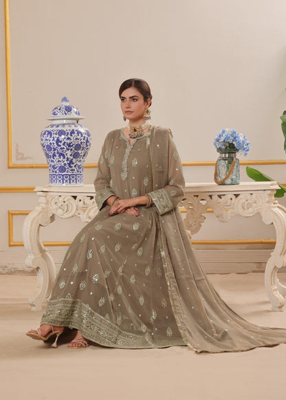 Ladies Embellished Camel Brown Chiffon Festive Wear Suit Online in UK USA Canada
