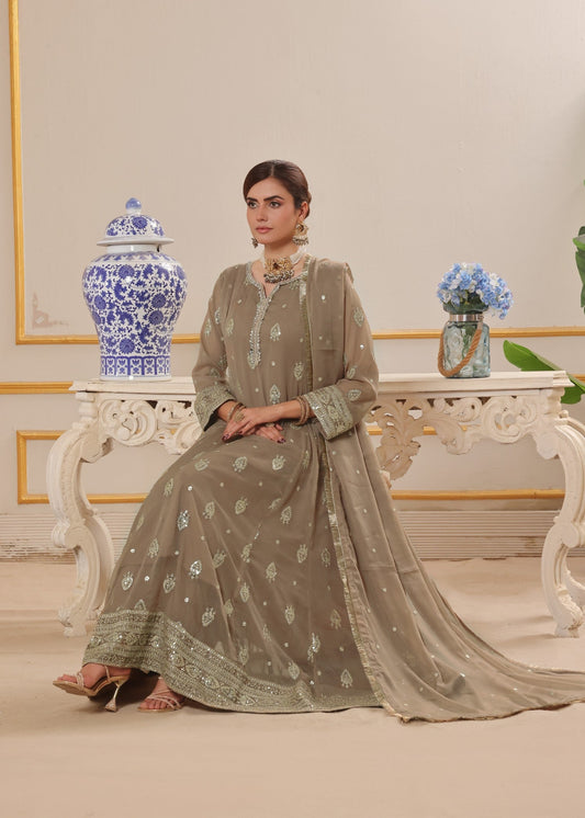 Ladies Embellished Camel Brown Chiffon Festive Wear Suit Online in UK USA Canada