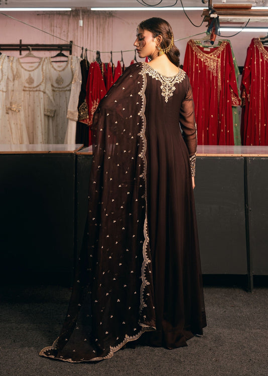 Ladies Embellished Chocolate Chiffon Pishwas Dress Online in UK USA Canada