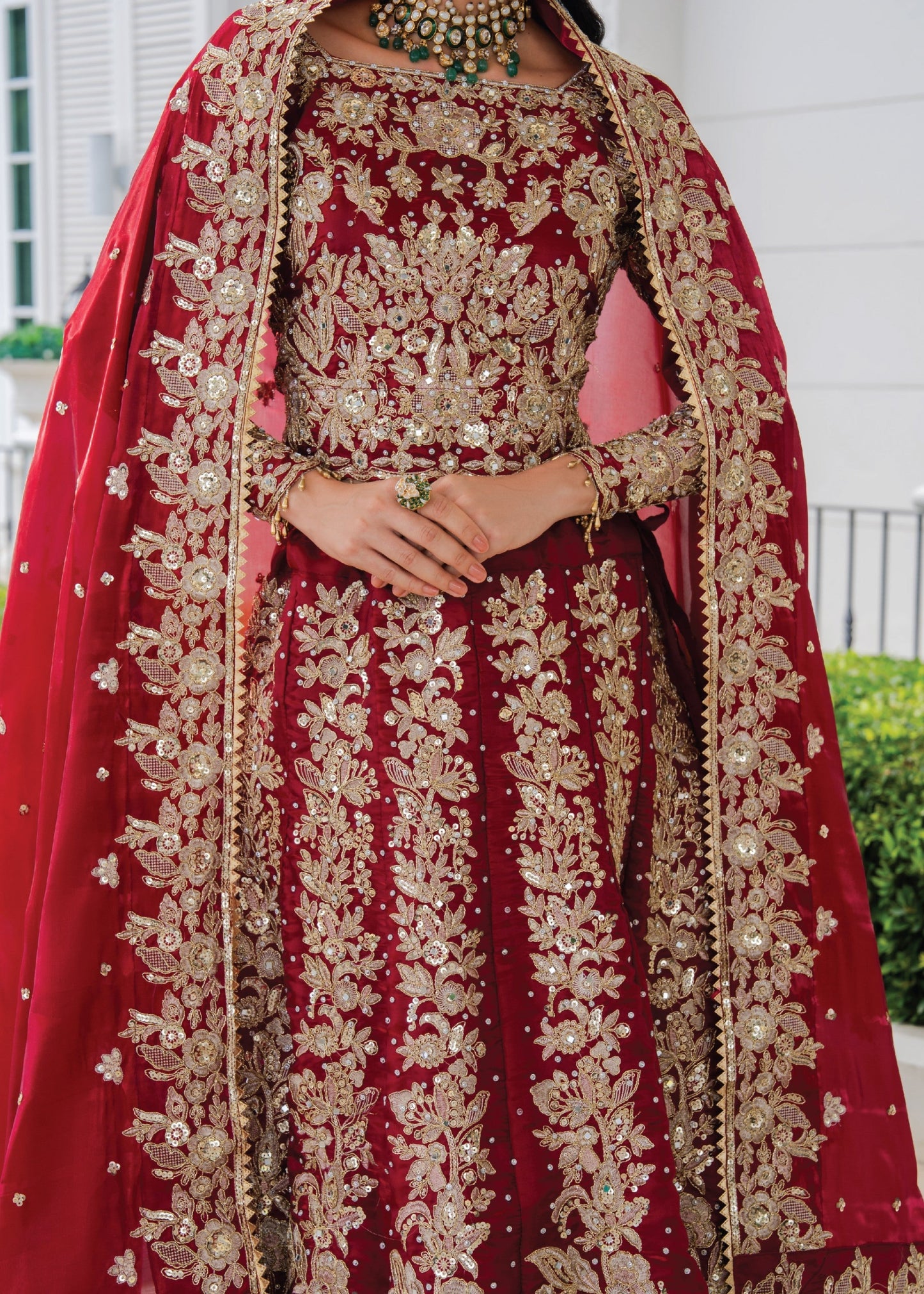 Ladies Embellished Crimson Silk Lehenga Set Online in UK USA Canada