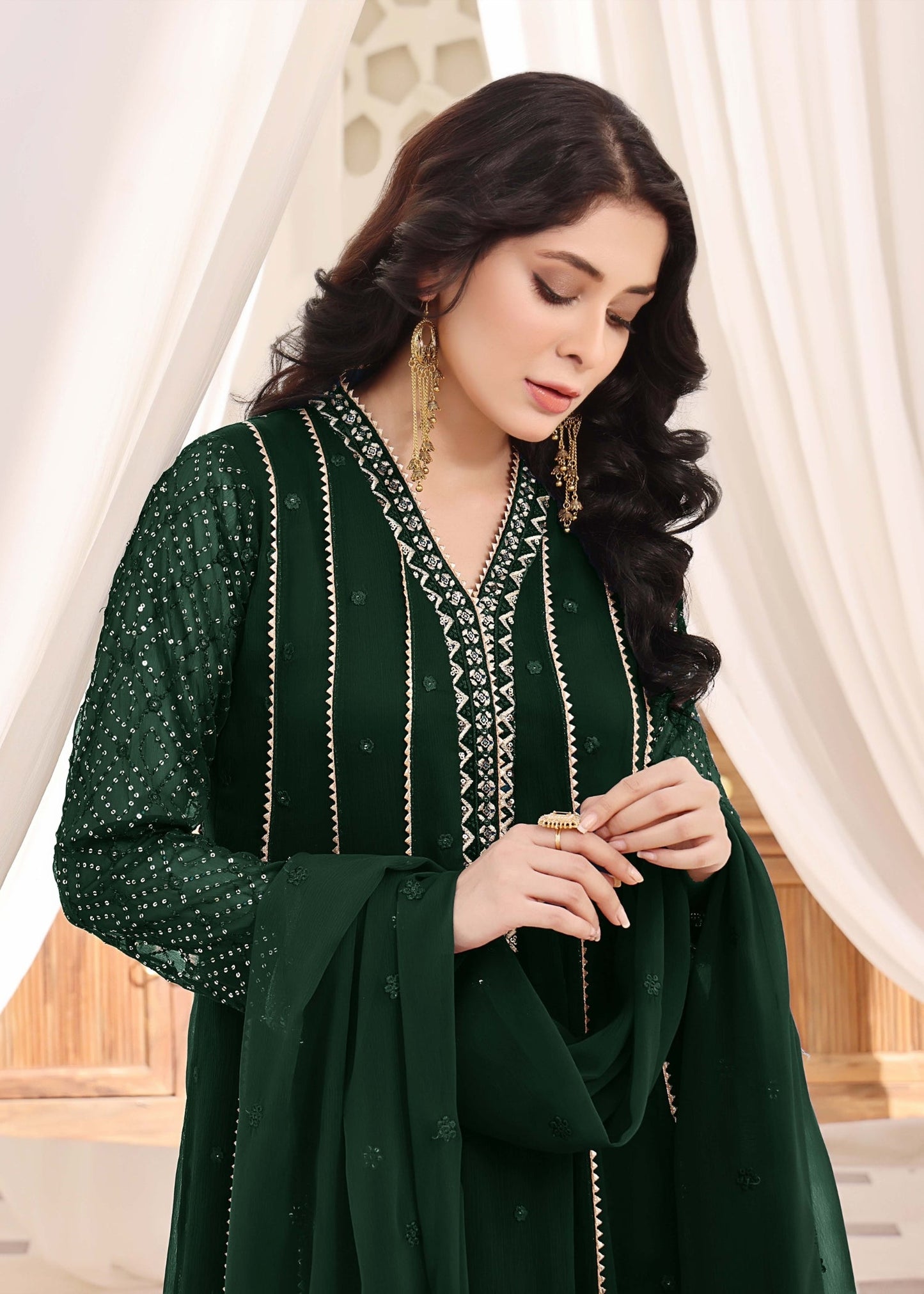 Ladies Embellished Dark Green Anarkali Suit Online in UK USA Canada